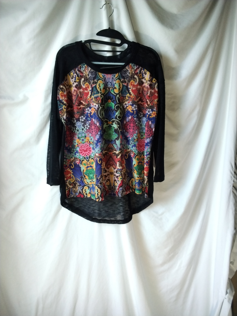 Nally & Millie Black Long-Sleeve Top with Multicolor Baroque Print
